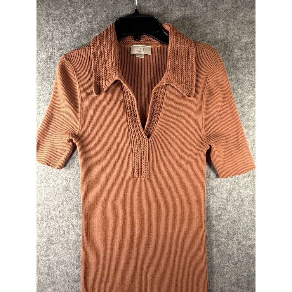 Loft Outlet Womens Medium Ribbed Polo Sweater Short Sleeve V-Neck R Terracotta - Picture 3 of 13